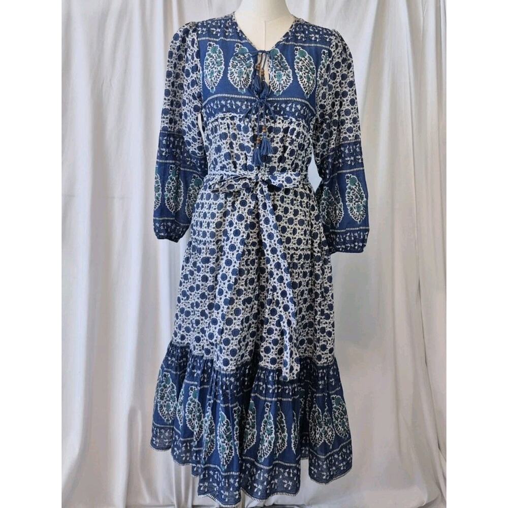 Emerson Frye India Collection Heirloom Blue Floral Tiered Midi Dress Medium